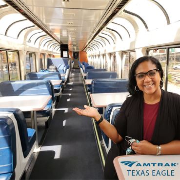 Train interior with Amtrak host