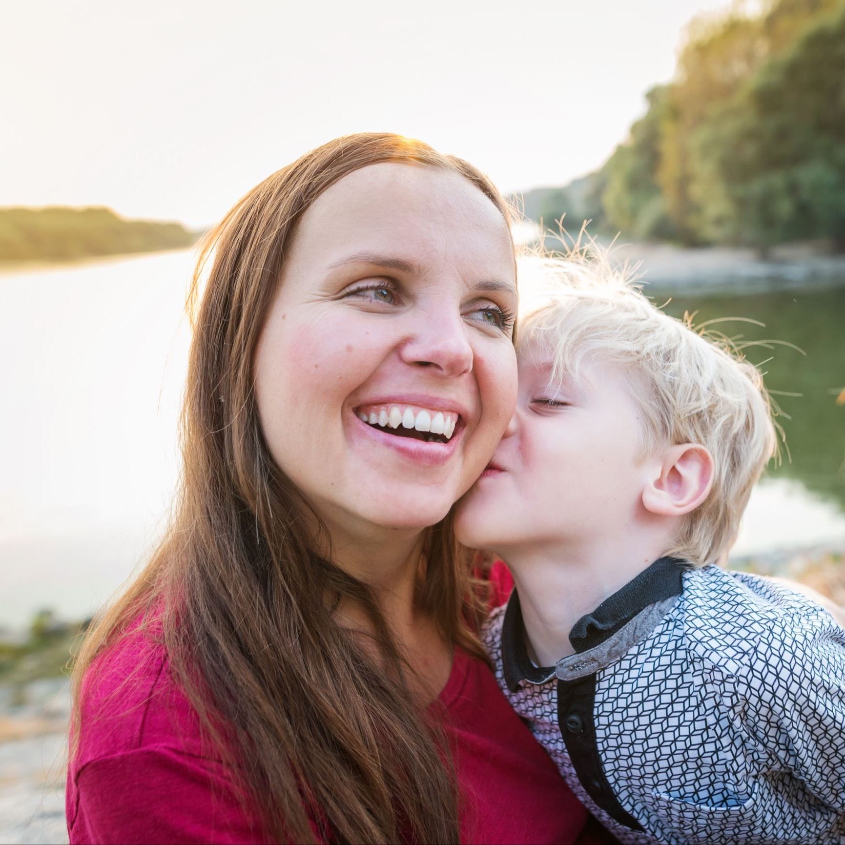 Mom and little boy at the lake
