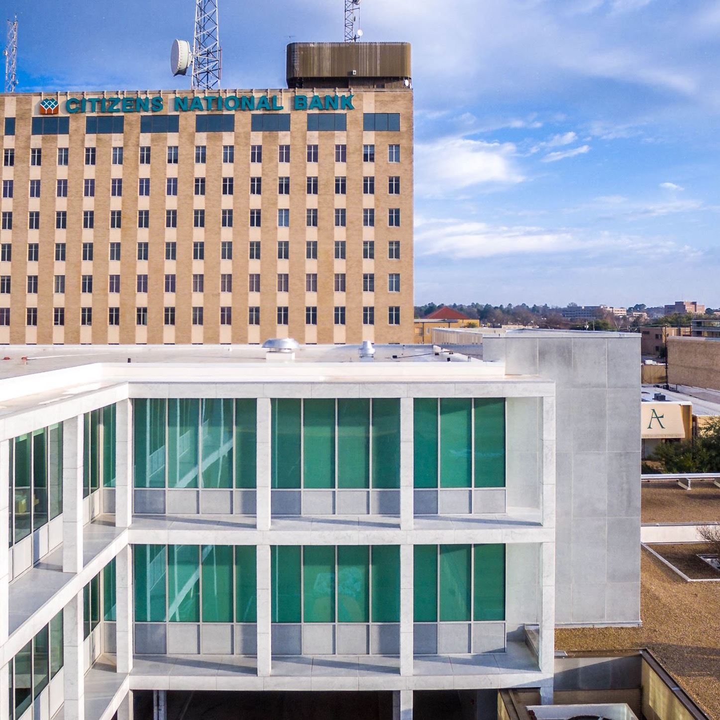 Aerial shot of bank and beyond