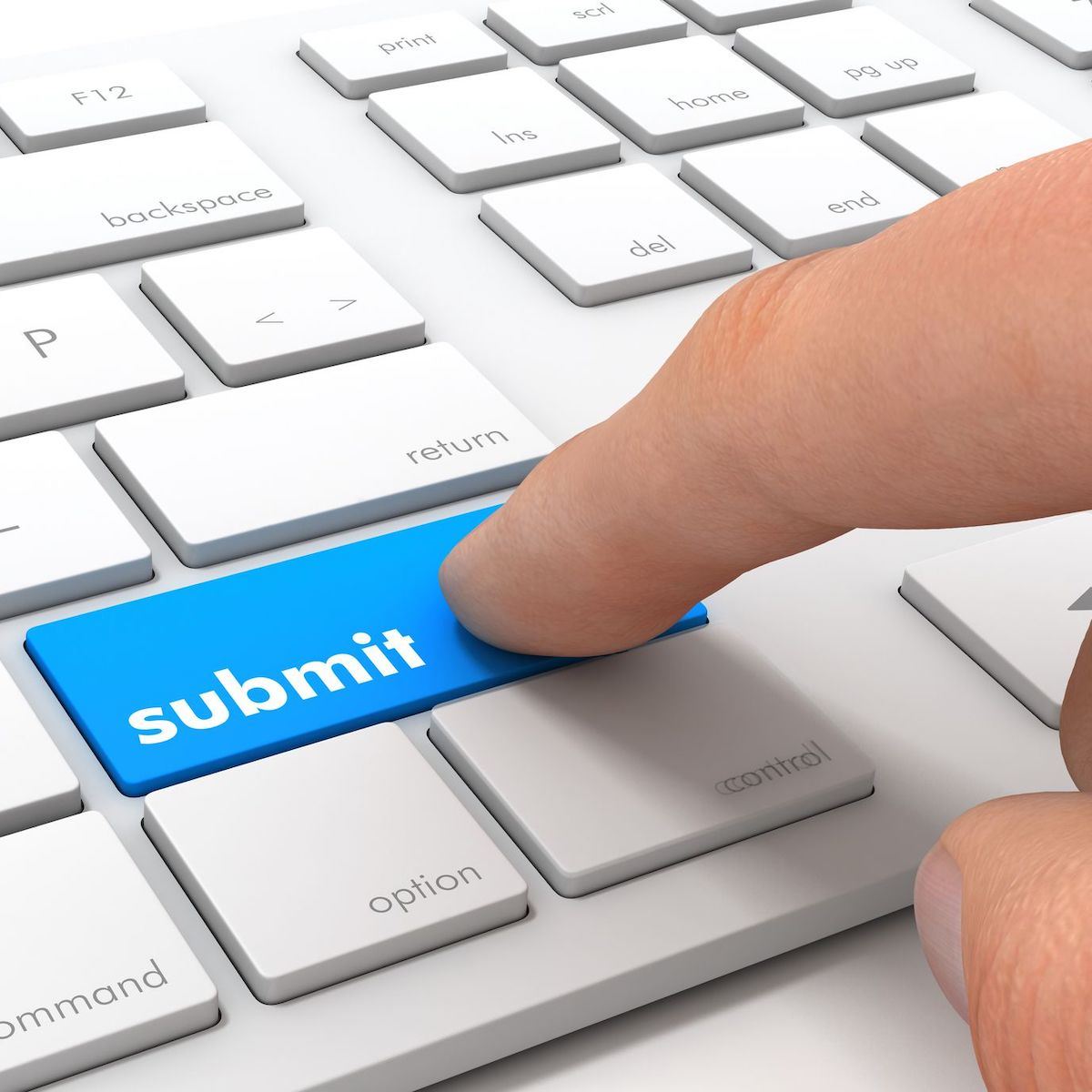 finger hovers over the submit button on keyboard